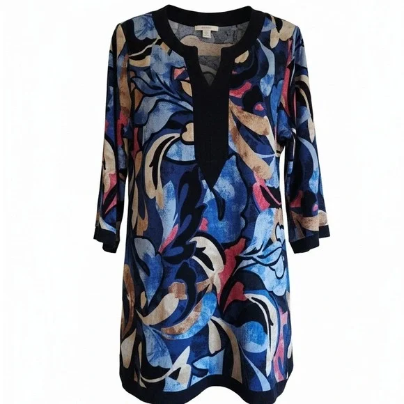 Chicos Travelers 3 Border Print Sit Neck Floral Slinky 3/4 Sleeve Tunic Top - Picture 2 of 9